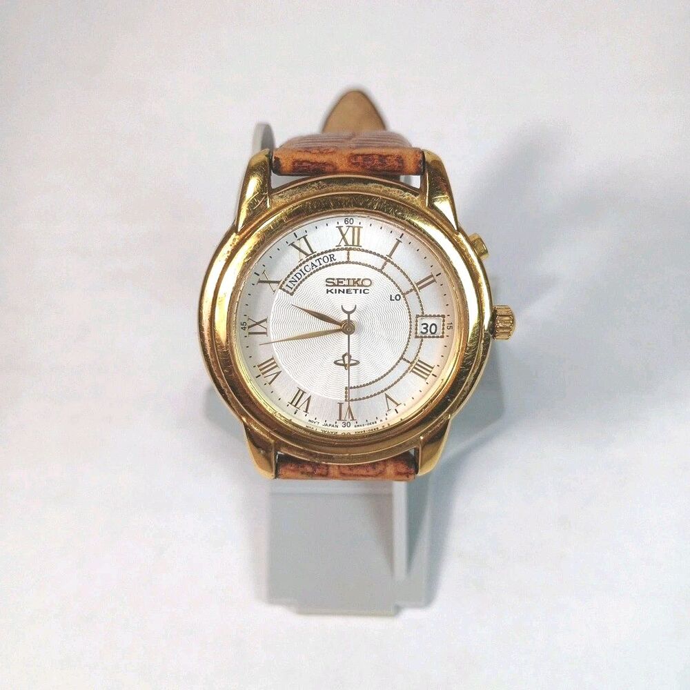 Men's 36mm Seiko Kinetic Wristwatch Leather Band Water Resistant Works